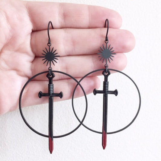 Black Bloody Sword Dagger Gothic Dark Exaggerated Earrings