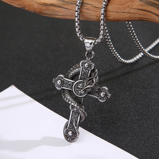 Stainless Steel Necklace Cross Dragon Pendant Retro Punk Necklace