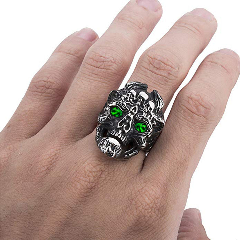 Devil dragon head skull with zircon men's titanium steel ring