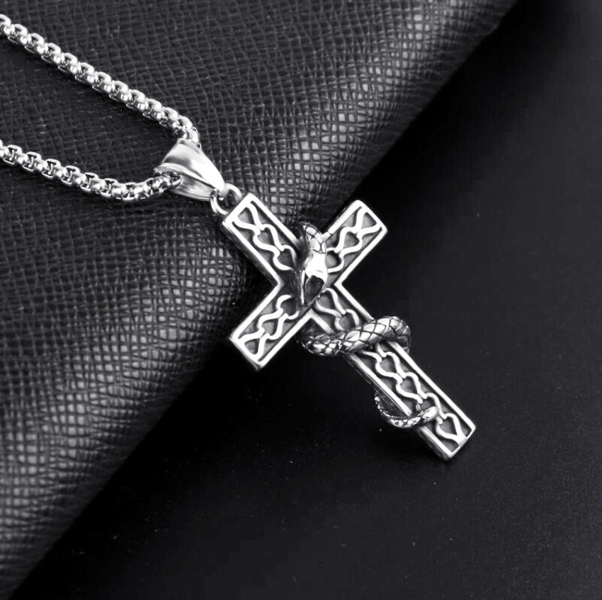 Gothic Exaggerated Snake Wrapped Cross Pendant